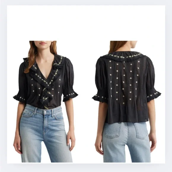 DÔEN Hettie Embroidered Ruffle Organic Cotton Top | Size L - Picture 3 of 8